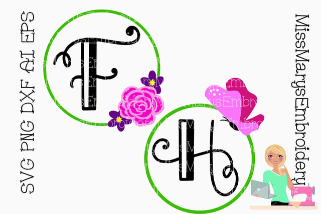 Butterfly Flower Monogram Frame SVG MissMarysEmbroidery 