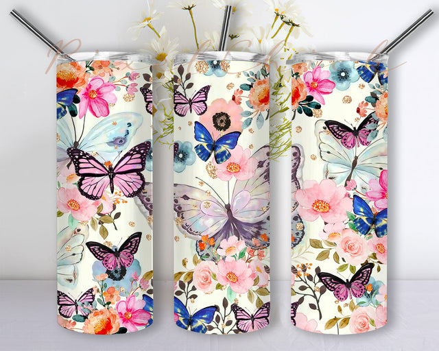 Butterfly Flower Tumbler Wrap PNG, Gift For Her, 20oz Skinny Tumbler Wrap Sublimation PixelChick 