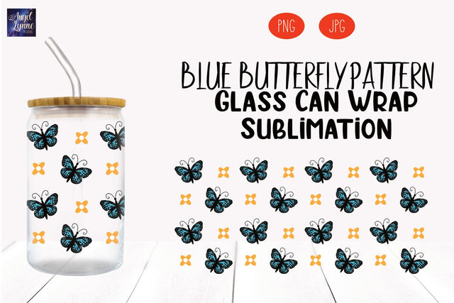 Butterfly Glass Can Wrap | Blue Butterfly Glass Wrap Sublimation Angel Lynne Designs 