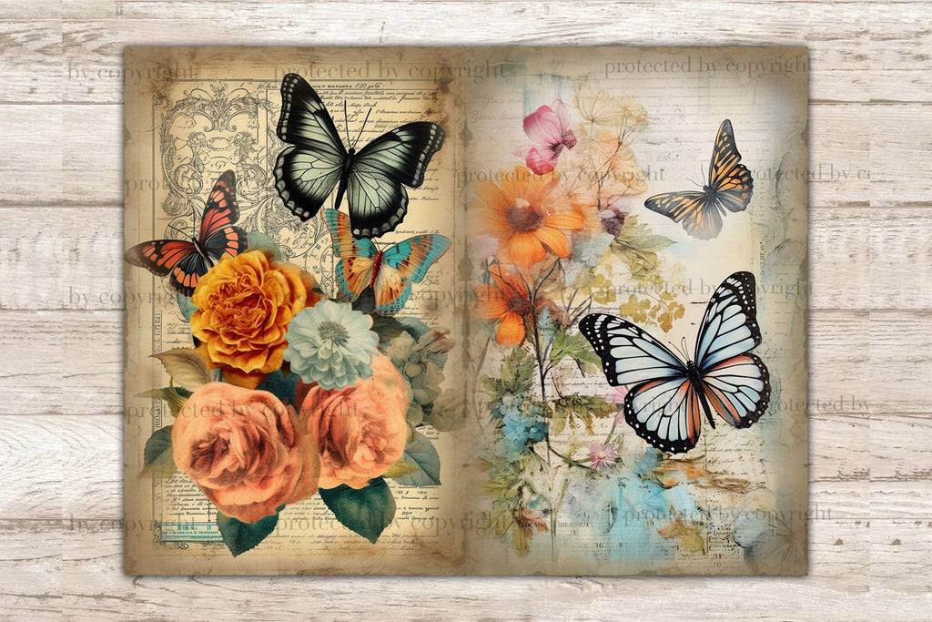 Butterfly Junk Journal Pages | Digital Collage Sheet - So Fontsy