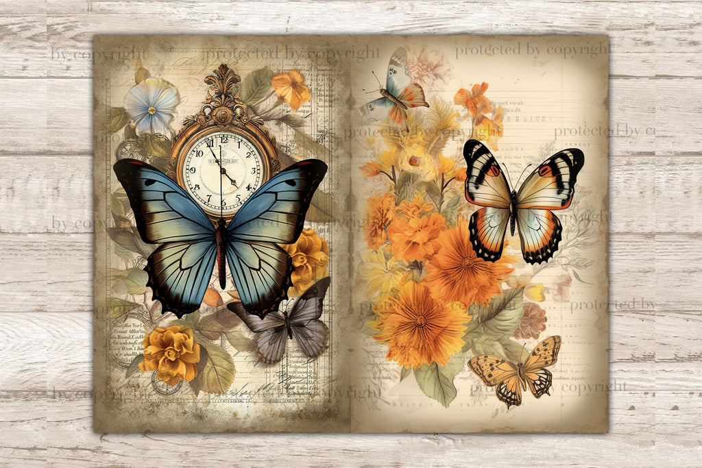 Butterfly Junk Journal Pages | Digital Collage Sheet - So Fontsy