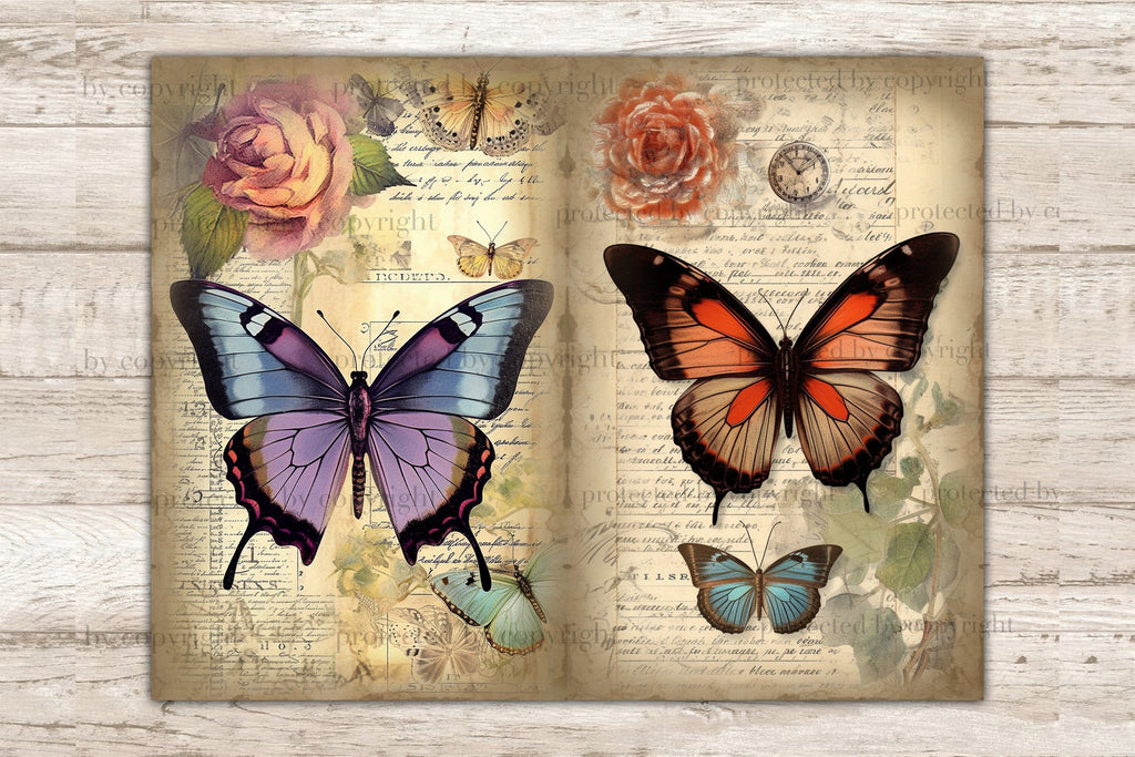 Butterfly Junk Journal Pages | Digital Collage Sheet - So Fontsy