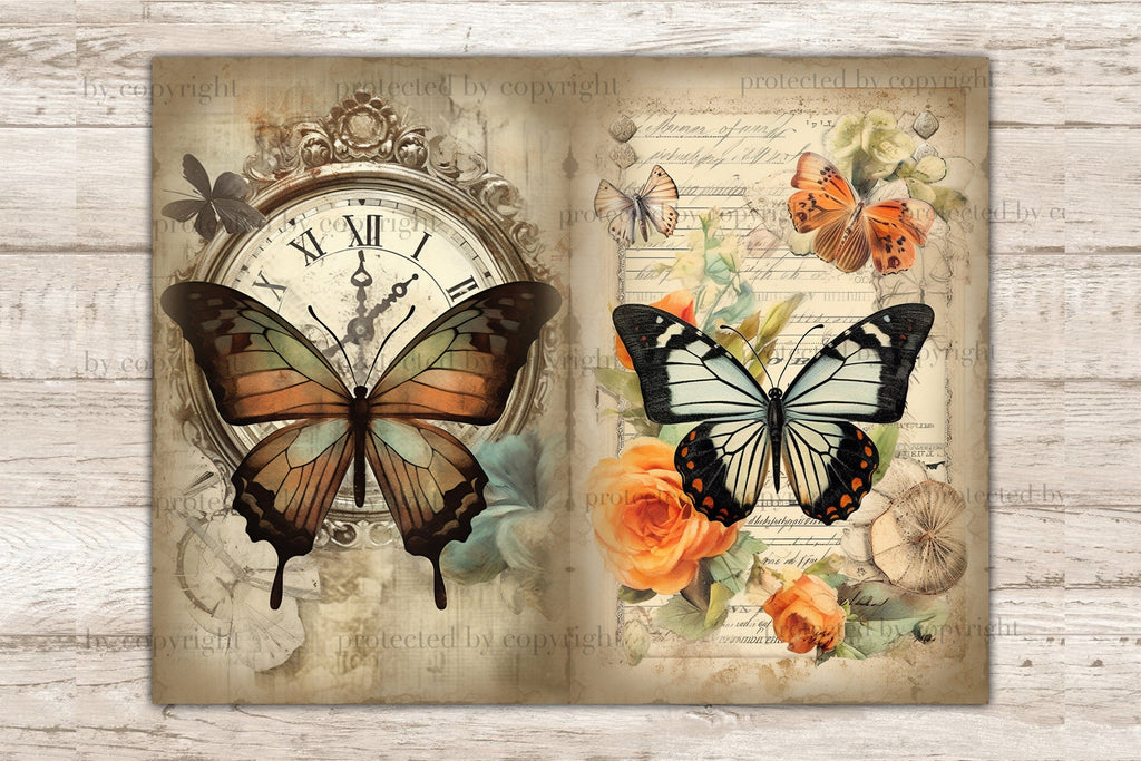 Butterfly Junk Journal Pages | Digital Collage Sheet - So Fontsy