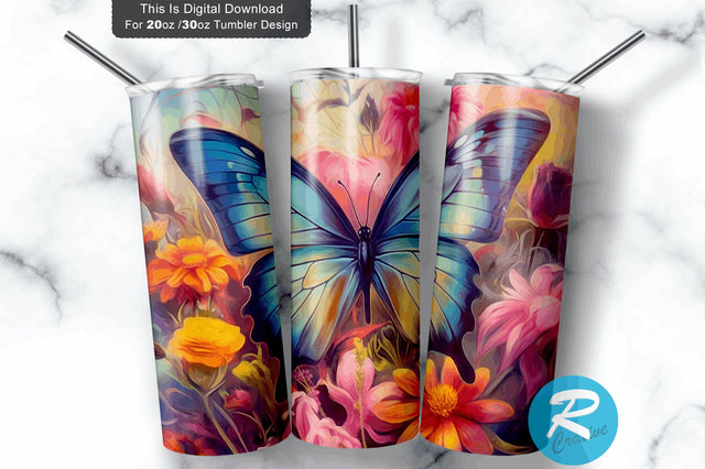 Butterfly Landscape Floral 20 oz / 30 oz Skinny Tumbler Sublimation Regulrcrative 