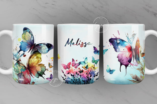 Butterfly Mug Wrap PNG, Add Your Own Name, Rainbow Colored Butterfly Sublimation Wrap, Flower Mug Wrap, 11 & 15 Oz Mug, Digital Download Sublimation Syre Digital Creations 