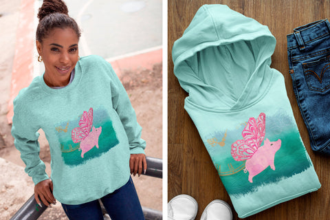 Butterfly Pig Flying over Green Hills PNG Sublimation Angel on Empire 