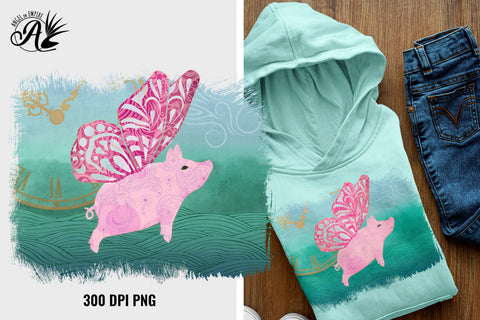 Butterfly Pig Flying over Green Hills PNG Sublimation Angel on Empire 