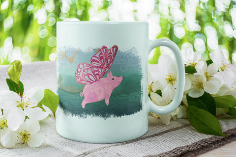 Butterfly Pig Flying over Green Hills PNG Sublimation Angel on Empire 