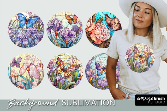 Butterfly Round Sublimation Stained Glass Background Sublimation OrangeBrushStudio 