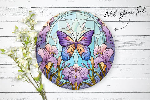 Butterfly Round Sublimation Stained Glass Background Sublimation OrangeBrushStudio 