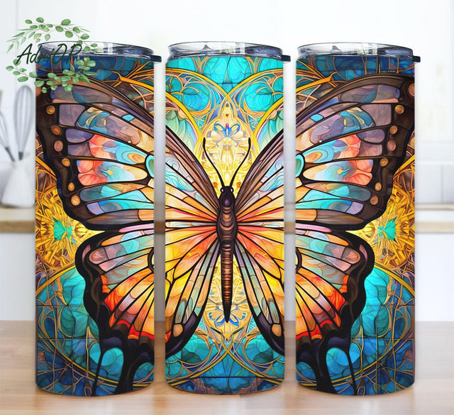 Butterfly Stained Glass 20oz Skinny Tumbler Png, Painting Of Butterfly, Painting Of Butterfly With Tiffany Stained Glass Design, Vibrant Butterfly Stained Glass Tumbler Wrap Sublimation AdriOP 