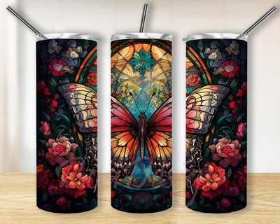Butterfly Stained Glass 20oz Skinny Tumbler Wrap, Butterfly Colorful Flowers Tumbler, Butterfly With Flowers Tumbler, Tumbler Wrap Floral Spring Flowers Sublimation BouDesign 
