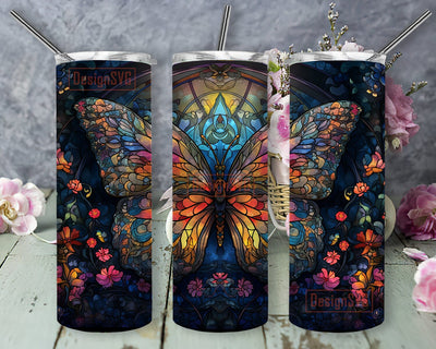 Butterfly Stained Glass 20oz Skinny Tumbler Wrap, Butterfly Colorful Flowers Tumbler, Butterfly With Flowers Tumbler, Tumbler Wrap Floral Spring Flowers Sublimation DesignSVG 