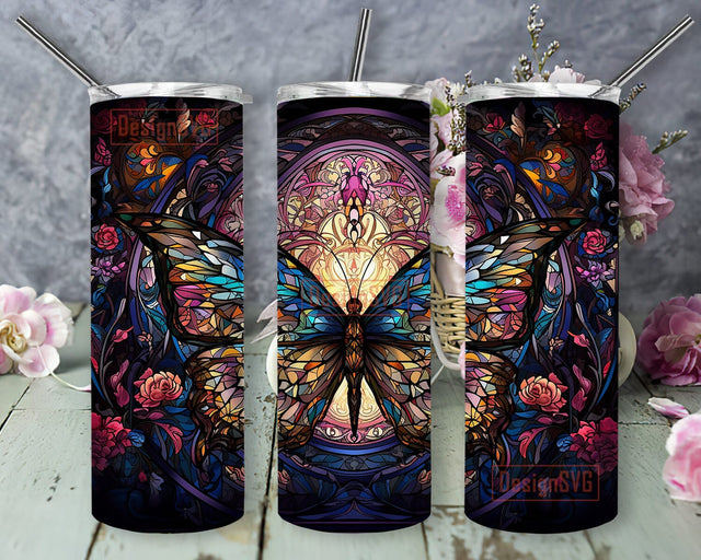 Butterfly Stained Glass 20oz Skinny Tumbler Wrap, Butterfly Colorful Flowers Tumbler, Butterfly With Flowers Tumbler, Tumbler Wrap Floral Spring Flowers Sublimation DesignSVG 