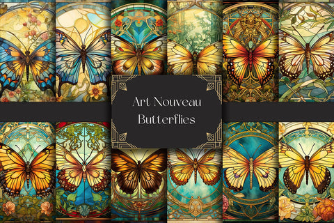 Butterfly Stained Glass Art Nouveau Digital Backgrounds Sublimation BijouBay 