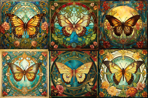 Butterfly Stained Glass Art Nouveau Digital Backgrounds Sublimation BijouBay 