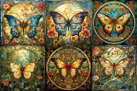 Butterfly Stained Glass Art Nouveau Digital Backgrounds Sublimation BijouBay 