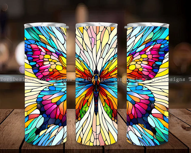 Butterfly Stained Glass Colorful 20 oz Skinny Tumbler Sublimation Design, Beautiful Butterfly Stained Glass Tumbler Wrap, Instant Digital Download PNG Sublimation ToriDesigns 