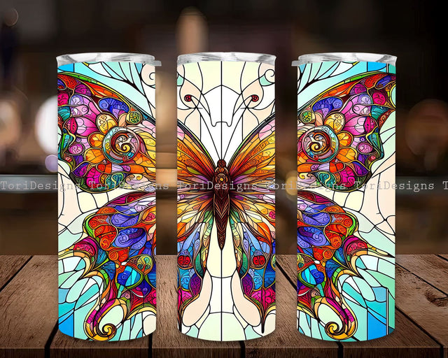 Butterfly Stained Glass Colorful 20 oz Skinny Tumbler Sublimation Design, Beautiful Butterfly Stained Glass Tumbler Wrap, Instant Digital Download PNG Sublimation ToriDesigns 