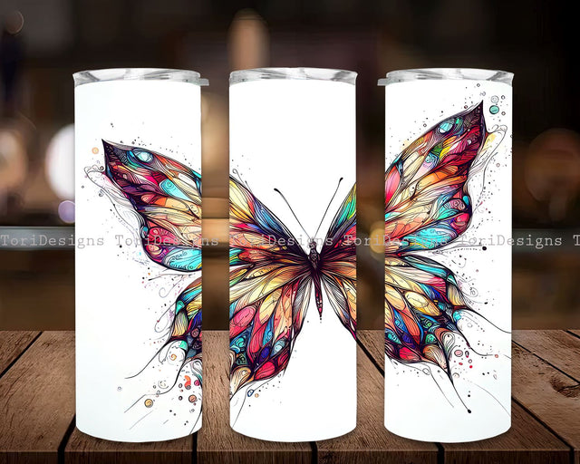 Butterfly Stained Glass Colorful 20 oz Skinny Tumbler Sublimation Design, Beautiful Butterfly Stained Glass Tumbler Wrap, Instant Digital Download PNG Sublimation ToriDesigns 