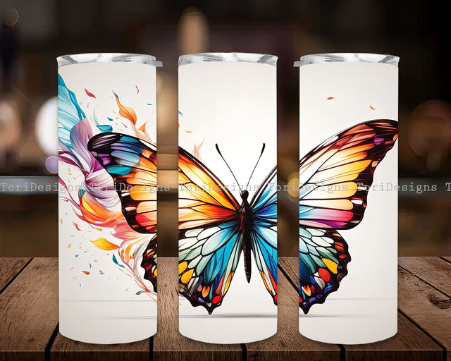Butterfly Stained Glass Colorful 20 oz Skinny Tumbler Sublimation Design, Beautiful Butterfly Stained Glass Tumbler Wrap, Instant Digital Download PNG Sublimation ToriDesigns 