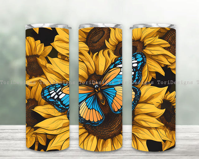 Butterfly Sunflowers Design 20 oz Skinny Tumbler Sublimation Design, Instant Digital Download PNG, Straight & Tapered Tumbler Wrap PNG Sublimation ToriDesigns 
