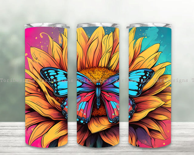 Butterfly Sunflowers Design 20 oz Skinny Tumbler Sublimation Design, Instant Digital Download PNG, Straight & Tapered Tumbler Wrap PNG Sublimation ToriDesigns 