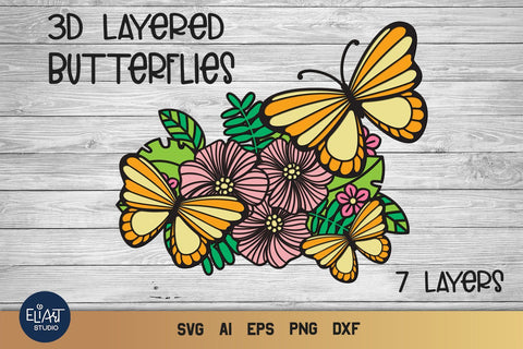Butterfly SVG, 3d Layered Butterflies Cut File, Summer SVG with Flowers. 3D Paper Elinorka 