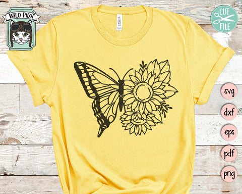 Butterfly SVG Cut File, Butterflies Flower SVG Cut File, Butterfly Sunflower svg Cut File, Butterflies Floral SVG, Butterfly Floral Cut File SVG Wild Pilot 