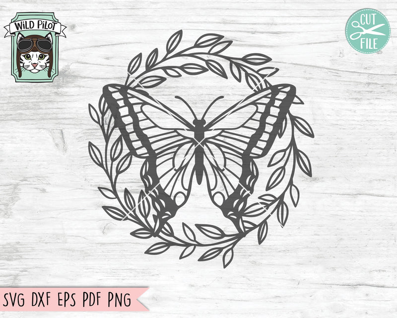 Butterfly SVG Cut File, Butterfly Leaf Wreath SVG Cut File, Butterfly Sign Clipart, Butterflies SVG Cut File, Butterfly Leaves Wreath svg SVG Wild Pilot 