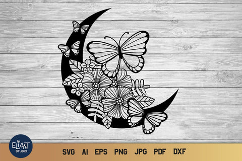 Butterfly SVG, Summer SVG, Crescent Moon SVG with Flowers and Butterflies. SVG Elinorka 