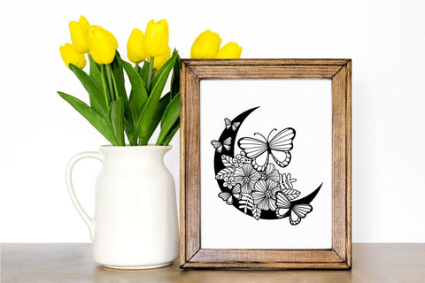 Butterfly SVG, Summer SVG, Crescent Moon SVG with Flowers and Butterflies. SVG Elinorka 