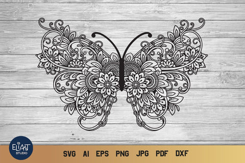 Butterfly SVG, Zentangle Butterfly SVG with Flowers. SVG Elinorka 