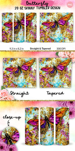 Butterfly Tumbler, Butterfly Tumbler Wrap, Butterfly Sublimation Tumbler, Tumbler Wrap Sublimation, Skinny Tumbler Sublimation, Sublimation Wrap Design For 20 Oz Skinny Tumbler Straight And Tapered Png Sublimation KatineDesign 