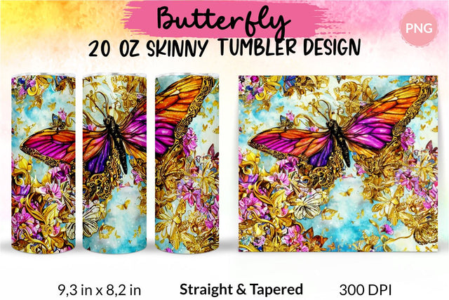 Butterfly Tumbler, Butterfly Tumbler Wrap, Butterfly Sublimation Tumbler, Tumbler Wrap Sublimation, Skinny Tumbler Sublimation, Sublimation Wrap Design For 20 Oz Skinny Tumbler Straight And Tapered Png Sublimation KatineDesign 