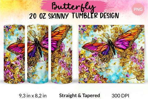 Butterfly Tumbler, Butterfly Tumbler Wrap, Butterfly Sublimation Tumbler, Tumbler Wrap Sublimation, Skinny Tumbler Sublimation, Sublimation Wrap Design For 20 Oz Skinny Tumbler Straight And Tapered Png Sublimation KatineDesign 