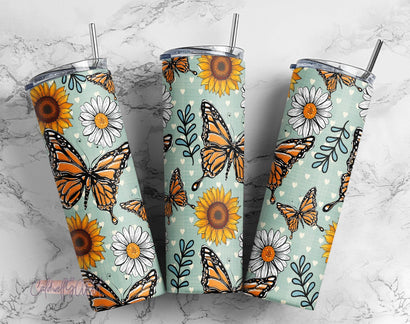 Butterfly Tumbler Wrap PNG Sublimation Designs Sunflowers Downloads - Skinny 20oz - PNG 2022 Sublimation CaldwellArt 