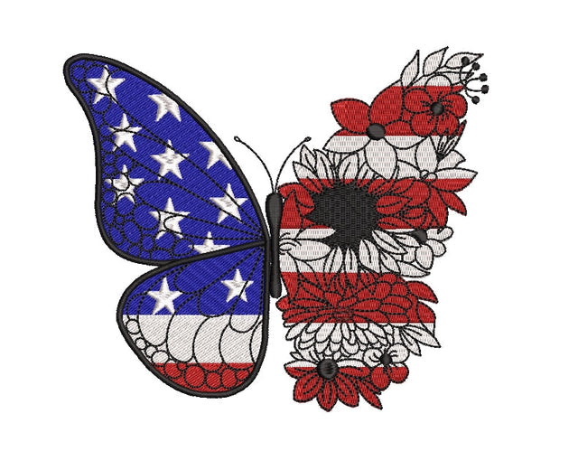 Butterfly USA flag with flowers embroidery design, 4th of July Patriotic design ,holiday embroidery designs, 3 sizes, Instant download Embroidery/Applique DESIGNS ArtEMByNatalia 