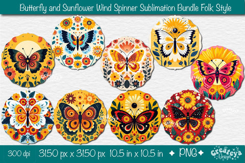 Butterfly Wind Spinner Sublimation Bundle Designs PNG in folk style Sublimation Createya Design 