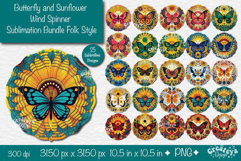 Butterfly Wind Spinner Sublimation Bundle Designs PNG in folk style Sublimation Createya Design 