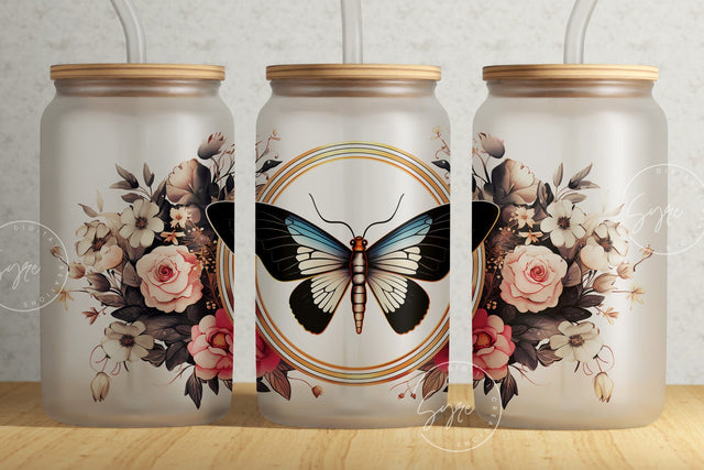 Butterfly With Flowers Glass Can Wrap Png, 16 oz Libbey Glass Jar Sublimation, Floral Coffee Cup, Skull Glass Seamless Wrap, Digital File Sublimation Syre Digital Creations 