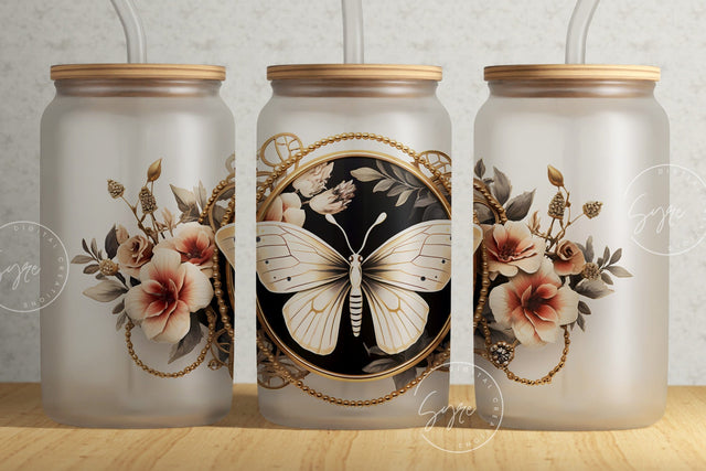 Butterfly With Flowers Glass Can Wrap Png, 16 oz Libbey Glass Jar Sublimation, Floral Coffee Cup, Skull Glass Seamless Wrap, Digital File Sublimation Syre Digital Creations 