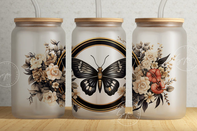 Butterfly With Flowers Glass Can Wrap Png, 16 oz Libbey Glass Jar Sublimation, Floral Coffee Cup, Skull Glass Seamless Wrap, Digital File Sublimation Syre Digital Creations 
