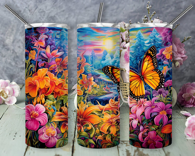 Butterlies Colorful Flowers 20oz Skinny Tumbler Png, Butterlies In A Lush Landscape With Colorful Flowers By Lisa Frank, Saturated, Neon Tumbler, Colorful Butterfly Tumbler Sublimation DesignSVG 