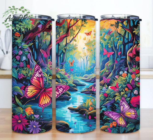 Butterlies In A Lush Landscape With Colorful Flowers By Lisa Frank 20oz Skinny Tumbler Png, Butterlies With Colorful Flowers Tumbler, Butterfly Fantasy Forest Png Sublimation AdriOP 