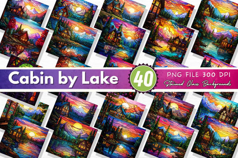Cabin by Lake Stained Glass Backgrounds Bundle Sublimation Regulrcrative 