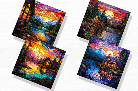 Cabin by Lake Stained Glass Backgrounds Bundle Sublimation Regulrcrative 