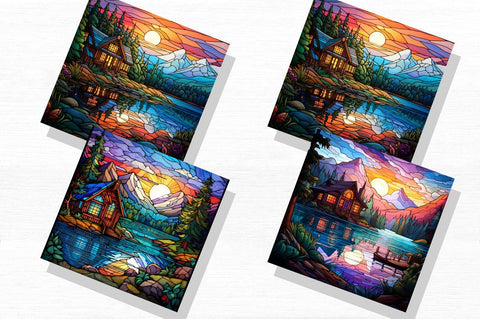 Cabin by Lake Stained Glass Backgrounds Bundle Sublimation Regulrcrative 