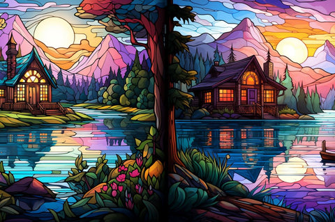 Cabin by Lake Stained Glass Backgrounds Bundle Sublimation Regulrcrative 