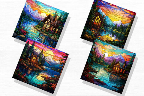 Cabin by Lake Stained Glass Backgrounds Bundle Sublimation Regulrcrative 